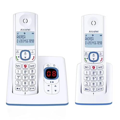 ALCATEL F530 Voice Dúo- Teléfono inalámbrico DECT con contestador automático- Gran pantalla retroiluminada- Manos libres - Bloqueo de llamadas- 2 teclas de memoria directa - 2 terminales - Blanco/Azul