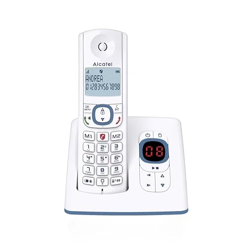 Zeitlich begrenztes Angebot: ALCATEL F530 Voice - Schnurloses Festnetztelefon DECT mit Anrufbeantworter - Großes beleuchtetes Display - Freisprechfunktion - Anrufblockierungsfunktion - 2 Direktwahltasten - Weiß/Blau von 42.06 € auf 42.06 € (0.00% Rabatt)