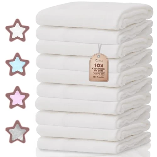 Offerta a tempo: NatureMark Set da 10 Panni in Mussola per Bambino – 100% Cotone – Panni morbidi e assorbenti per allattamento e cura del bambino, pannolini, fasce & panni per il cambio – 70x70 cm, bianca - 10% da 17.28 € a 15.61 €