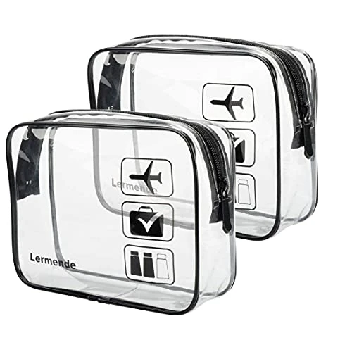 Lermende Trousse de Toilette Transparente approuvée par la TSA - pour Voyage - Conforme aux Normes des compagnies aériennes - Taille L - 3-1-1 - Trousse à Bagages, Noir, 2 Pack, Trousse de Toilette