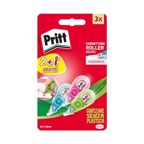 Pritt Micro Roller, Correttore per correggere ogni errore, Bianchetto a nastro antimacchia mini, Cancellino a nastro dal design colorato in blu, verde e rosa, Confezione da 3 (5mmx6m)
