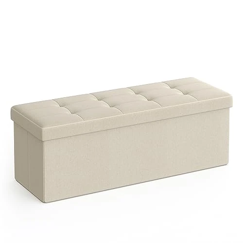 SONGMICS MAZIE Colección - Puff Almacenaje, Banco Plegable, 38 x 110 x 38 cm, Taburete Reposapiés, Pie de Cama, Soporta hasta 300 kg, para Sala de Estar, Dormitorio, Entrada, Blanco Crema LSF77BE