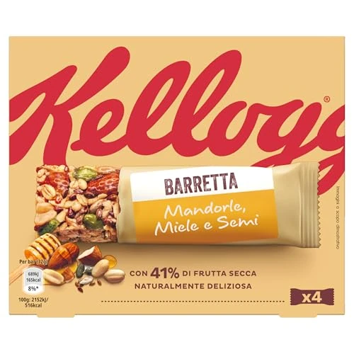 Kellogg's Barrita | Sabor a almendras, miel y semillas | Rica en fibra y con 41% de frutos secos | 4 barritas de 32 g (paquete de 128 g)
