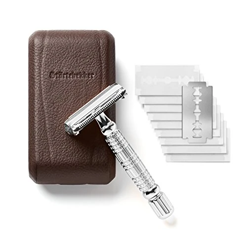Offerta a tempo: Störtebekker® Rasoio di Sicurezza in astuccio in pelle fatto a mano [con 10 lamette Störtebekker] Set di rasatura effetto vintage - Rasoio a umido di prima qualità - rasoio barba uomo (Argento - Café) - 0.00% da 42.99 € a 42.99 €
