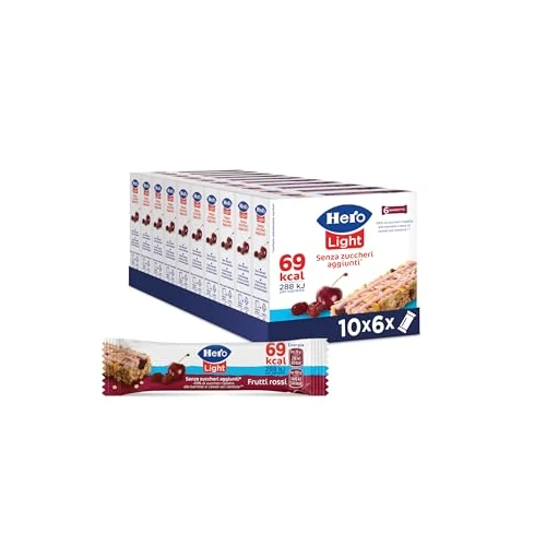 Offerta a tempo: Hero Light barrette ai Cereali e Frutti Rossi, Senza Zuccheri Aggiunti, Senza Olio di Palma, Zero Conservanti, 10 Confezioni da 6 Barrette x 20g - 6% da 24.90 € a 23.50 €