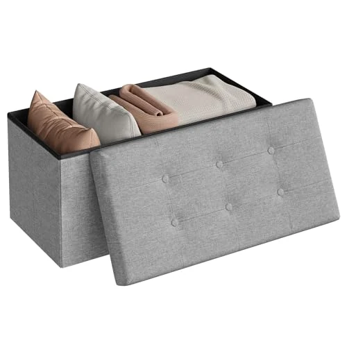 WOLTU Sh10hgr-1 taboret do siedzenia ze schowkiem, składana skrzynia do przechowywania, zdejmowana pokrywa, tapicerowane siedzisko z lnu, 76 x 37,5 x 38 cm, jasnoszary, SH10hgr-1