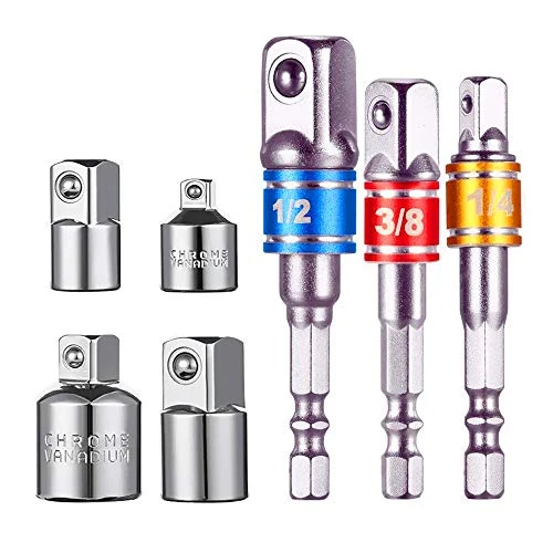 Power Hand Tools Socket Adapter Converter Kit, 3Pcs 1/4 Hex Shank to Metal Impact Driver Drill Power Bits and 4Pcs Drive Socket Adapter Converter Reducer Air Impact Craftsman Socket Wrench Adapter