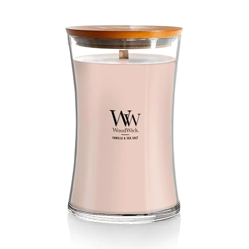 WoodWick candela profumata a clessidra grande con Pluswick InnovationVaniglia e sale marino