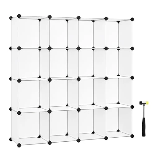 SONGMICS Schuhregal Kleiderschrank aus Kunststoff Regalsystem Aufbewahrungsregal mit 16 Fächern offenes Steckregal erweiterbar für Kleidung Spielzeug Tasche, weiß halbTransparent, LPC44L
