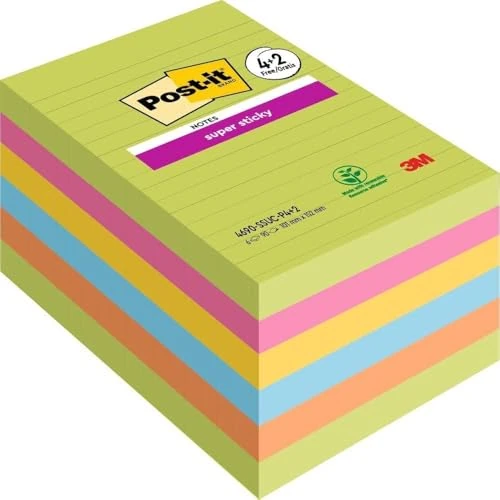 Limitiertes Angebot: Post-it Super Sticky Notes im Großformat XL, Liniert, 6 Blöcke, 101 mm x 152 mm, 90 Blatt pro Block - Selbstklebende Notizzettel für Notizen, To-Do-Listen und Erinnerungen von 26.99 EUR auf 20.03 EUR (Spare 26%)