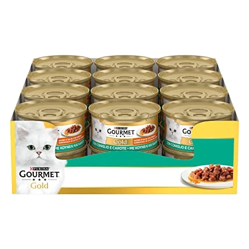 Purina Gourmet Goudblokjes in saus, natvoer voor katten met konijnen en wortels, 24 blikjes à 85 g