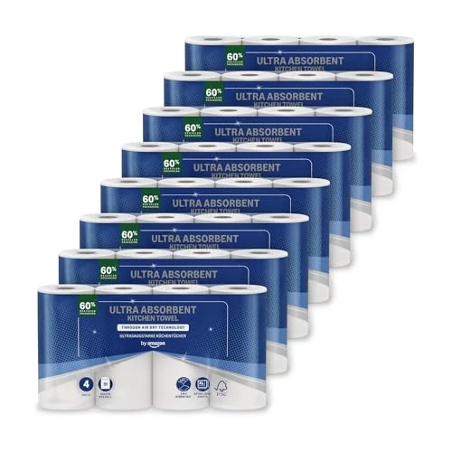 Offerta a tempo: by Amazon, Rotolo da Cucina TAD Ultra Assorbente, 32 Rotoli (8 Confezioni da 4), 51 Fogli per Rotolo, Certificato FSC (in Precedenza a Marchio "Presto!") - 19% da 30.83 € a 24.85 €