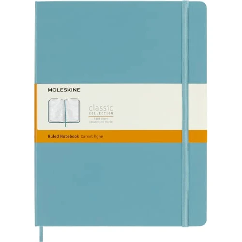 Moleskine - Cuaderno Clásico con Hojas Rayadas, Tapa Dura y Cierre Elástico, Color Azul Arrecife, Tamaño Extra Grande 19 x 25 cm, 192 Hojas