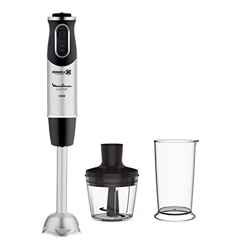 Moulinex QuickChef DD6578 Batidora de Mano de 1000 W, con Regulador de 10 Velocidad Turbo con 2 Accesorio para Picar, picadora y vaso Medidor, Cúpula Antisalpicaduras, Acero