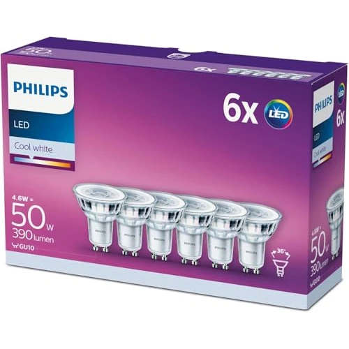 Limited-time offer: Philips LED Classic 6 Pack [GU10 Spot] 4.6W - 50W Equivalent, 220 - 240V, Cool White 4000K (Non-Dimmable) from 17.99 GBP to 7.89 GBP (save 56%)