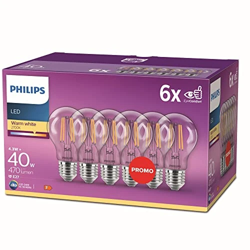 Tijdelijke aanbieding: Philips LED-lamp 6-pack - Warmwit licht - E27 - 40 W - Transparant - Energiezuinige LED-verlichting - Filament lamp van 22.83 EUR naar 16.21 EUR (korting 29%)