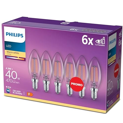 Oferta limitada: Philips LED Classic Bombilla E14, 4 W, Blanco Cálido, Pack 6un [Clase de eficiencia energética F] de 22.10 EUR a 14.99 EUR (ahorro 32%)