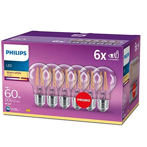 Limited-time offer: Philips LED Premium Classic A60 Light Bulbs 6 Pack [E27 Edison Screw] 7W - 60W Equivalent - Warm White (2700K), Non Dimmable. from 22.73 GBP to 18.29 GBP (save 20%)