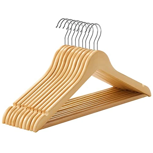 Offre limitée : SONGMICS Cintre Bois, Lot de 10, avec Encoches Antiglisse, Barre Antiglisse pour Pantalons, Crochet Pivotant 360°, pour Costumes, Chemises, Manteaux, Couleur Boisée et Argent CRW001-10 de 16.82 € à 15.55 € (8% de remise)