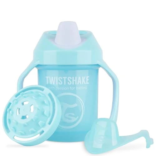 Twistshake Mini Cup | Auslaufsicherer Baby-Schnabelbecher mit Weichem Ausgießer und Fruchtmixer - 230 ml | Entwöhnungsbecher für Kinder | BPA-Frei | Blau