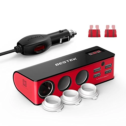 Offre limitée : BESTEK Allume Cigare Adaptateur Chargeur de Voiture 12V~24V avec 1 Allume-Cigare Automatique 3 Prises,4 Ports USB,Fonctionnel et Sûr avec Affichage LED Voltmètre et Pieds Antidérapants - Rouge de 23.72 € à 23.72 € (0.00% de remise)