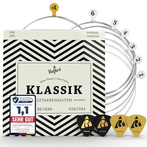 Offre limitee: Belfort Cordes de Guitare haute Cordes pour Guitare Classique et guitare de concert pour I Kit de 6 cordes I silberumwobene Cordes en nylon I Bonus : gratuits eBook + 3 médiators - BF//C86 de 9.99 EUR a 9.99 EUR (economie 0%)