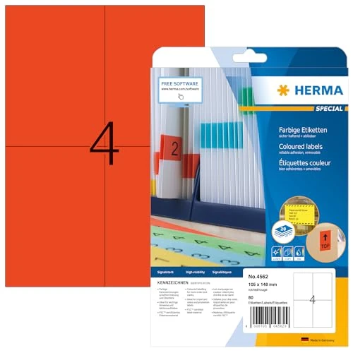 Offerta a tempo: HERMA Etichette per Marcatura, 105 x 148 mm, Etichette Adesive A4 per Stampante, 4 Etichette per Foglio, Rosso - 8% da 15.68 € a 14.37 €