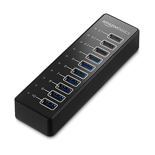 Limited-time offer: Amazon Basics 10-port hub converts 1 USB A 3.1 port into 10 ideal for charging and syncing smartphones and tablets supports Apple charging, Black from 58.90 £ to 58.90 £ (save 0.00%)