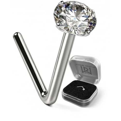AZARIO LONDON 9K White Gold Prong Set 1.5MM Round CZ Stone 22 Gauge L Bend Nose Stud Piercing