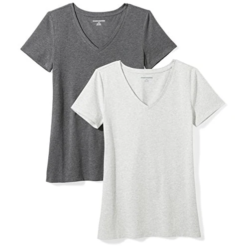 Offerta a tempo: Amazon Essentials Maglietta con Scollo a v a Maniche Corte Vestibilità Regolare Donna, Pacco da 2, Carbone Puntinato/Grigio Chiaro Puntinato, M - 18% da 19.70 € a 16.16 €