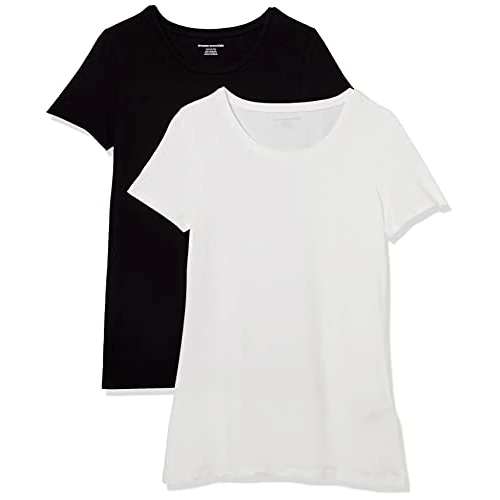 Offerta a tempo: Amazon Essentials Maglietta Girocollo a Maniche Corte Vestibilità Regolare Donna, Pacco da 2, Bianco/Nero, L - 27% da 12.16 € a 8.92 €