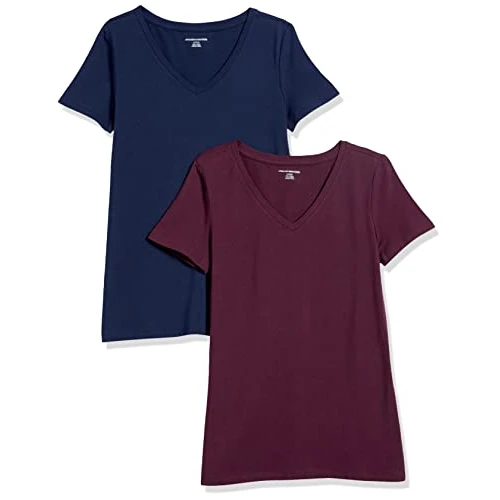 Offerta a tempo: Amazon Essentials Maglietta con Scollo a v a Maniche Corte Vestibilità Regolare Donna, Pacco da 2, Bordeaux/Blu Marino, XL - 44% da 25.99 € a 14.60 €