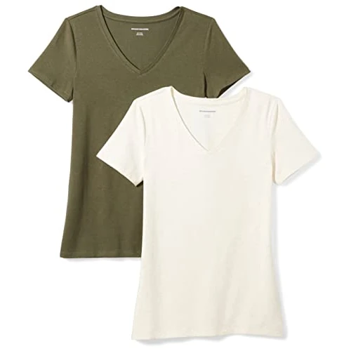 Limited-time offer: Amazon Essentials Women's Regular-Fit Short-Sleeve V-Neck T-Shirt, Pack of 2, Olive/Oatmeal Heather, Large from $10.90 to $10.90 (save 0.00%)
