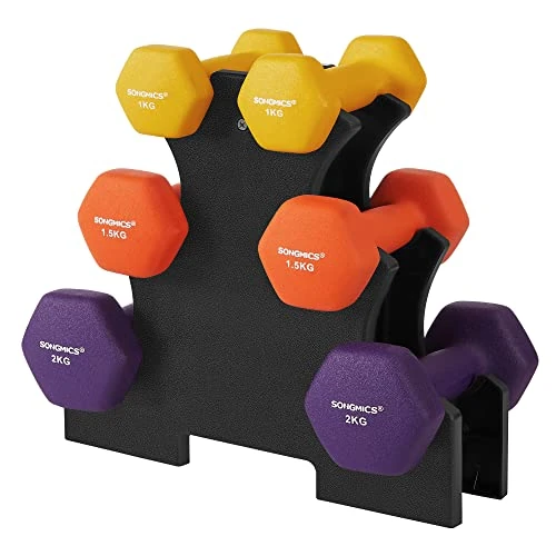 Zeitlich begrenztes Angebot: SONGMICS Kurzhantel Set, Hexagon, mit Hantelständer, 2 x 1 kg, 2 x 1,5 kg, 2 x 2 kg, mattes Finish, Neopren-Beschichtung, Krafttraining, zu Hause, limettengrün, gelb, orange und lila SYL69BK von 37.99 € auf 29.39 € (23% Rabatt