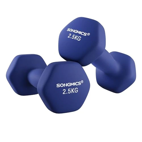 Offerta a tempo: SONGMICS Set di 2 manubri da 2 manubri da 2,5 kg antiscivolo da ginnastica con rivestimento opaco in neoprene, allenamento della forza, casa, palestra, blu SYL65BU - 34% da 29.59 € a 19.54 €