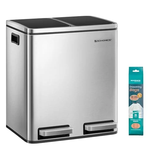 Oferta limitowana: SONGMICS 2 pojemniki na śmieci, 2 x 15 l, podwójny kosz na śmieci, 2 przegródki, z wewnętrznymi wiaderkami i uchwytami, do kuchni, powolne zamykanie, szczelne, srebrne i czarne LTB30H z 354.99 zł na 354.99 zł (oszczędź 0.00%)