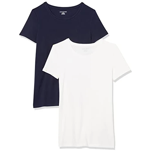 Limitiertes Angebot: Amazon Essentials Damen Kurzärmliges Regular-Fit-T-Shirt (Varianten mit Rundhalsausschnitt und V-Ausschnitt), Pack of 2, Marineblau/Weiß, S von 15.80 EUR auf 12.50 EUR (Spare 21%)
