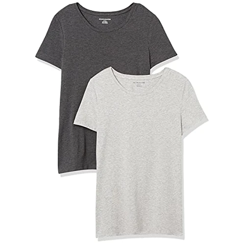 Offerta a tempo: Amazon Essentials T-Shirt Girocollo a Maniche Corte da Donna in Cotone, Vestibilità Regolare, Confezione da 2, Carbone Puntinato/Grigio Chiaro Puntinato, M - 48% da 19.80 € a 10.38 €