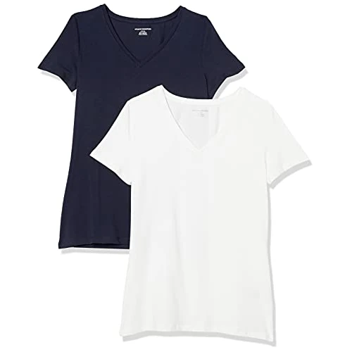 Tijdelijke aanbieding: Amazon Essentials Women's T-shirt met korte mouwen en V-hals in klassieke pasvorm, Pack of 2, Marineblauw/Wit, L van 19.79 € naar 19.79 € (0.00% korting)