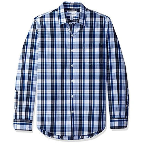 Amazon Essentials Camisa de Popelín de Manga Larga y Ajuste Entallado Hombre, Azul Color Carbón Cuadros Escoceses, S
