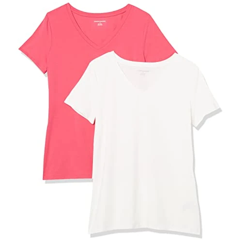 Offerta a tempo: Amazon Essentials Maglietta con Scollo a v a Maniche Corte Vestibilità Regolare Donna, Pacco da 2, Rosa Brillante/Bianco, XXL - 0.00% da 16.04 € a 16.04 €