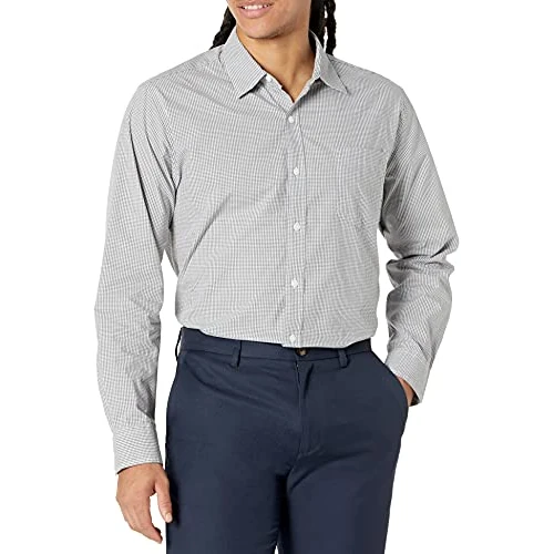 Amazon Essentials Men's Regular-Fit Long-Sleeve Casual Poplin Shirt, Grey Gingham, XXL
