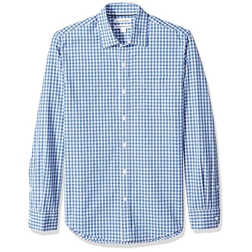 Limited-time offer: Amazon Essentials Men's Slim-Fit Long-Sleeve Poplin Shirt, Blue Checked, S from 11.10 GBP to 8.91 GBP (save 20%)