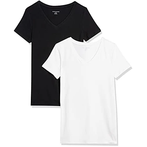 Amazon Essentials Women's Regular-Fit Short-Sleeve T-Shirt (Crewneck and V-Neck Options), Pack of 2, Black/White, XXL