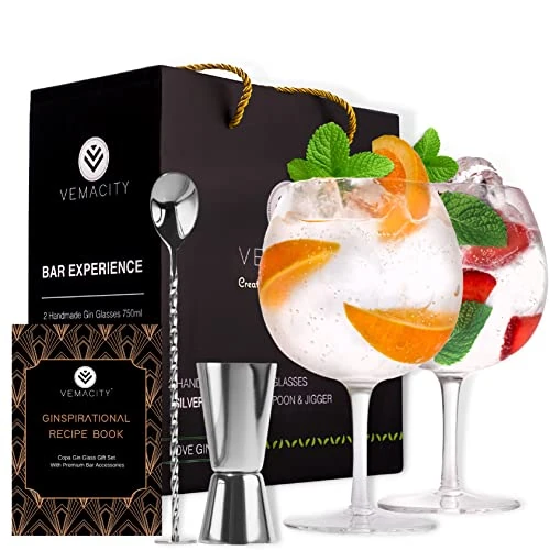 Oferta ograniczona: Vemacity Kryształowe Szklanki do Ginu, Zestaw 2 Sztuk, Ręcznie Wykonany Zestaw Upominkowy Ze Szklanką, Srebrna Łyżka Koktajlowa, Miarka Alkoholu i E-Book Z Przepisami (PDF) z 144.70 EUR na 144.70 EUR (znizka 0%)