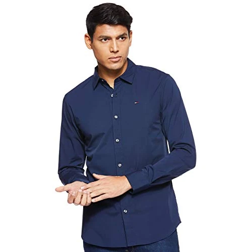 Tommy Jeans Men's Tjm Original Stretch Shirt Dm0dm04405 L/S Shirts / Woven Tops, Blue (Black Iris 002), XL