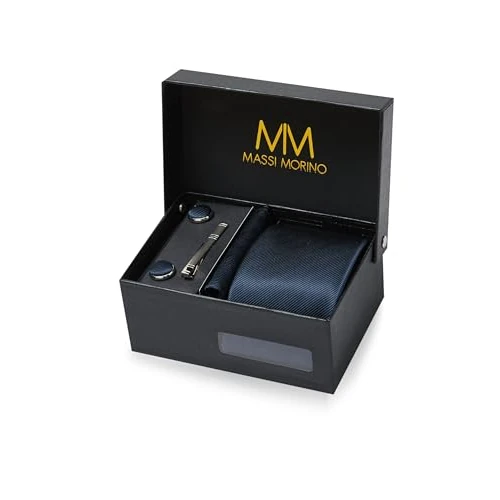 Offerta a tempo: Massi Morino Cravatta Blu Navy con Fazzoletto da Taschino Set Uomo incl. Gemelli, Fermacravatta e Confezione Regalo - Set Cravatta Uomo per Matrimonio - 43% da 34.90 € a 19.90 €