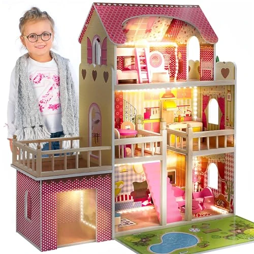 Zeitlich begrenztes Angebot: Kinderplay Puppenhaus aus Holz – Große 3‑Etagen‑Villa mit Garage & Garten – LED-Licht, 17 Möbel – Für Kinder ab 3 Jahren, Puppen bis 30 cm – 90 cm hoch von 109.90 € auf 109.90 € (0.00% Rabatt)