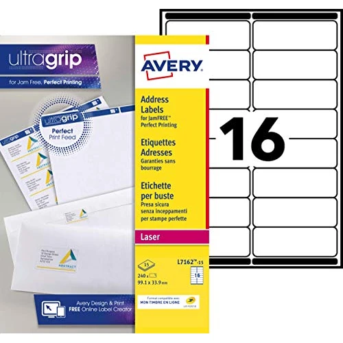 Offerta a tempo: Avery Italia L7162-15 Etichette adesive in carta bianca, 15 fogli A4, rettangolari 99,1x33,9mm, 16 etichette per foglio, adesivo permanente, stampanti laser - 6% da 12.88 € a 12.14 €