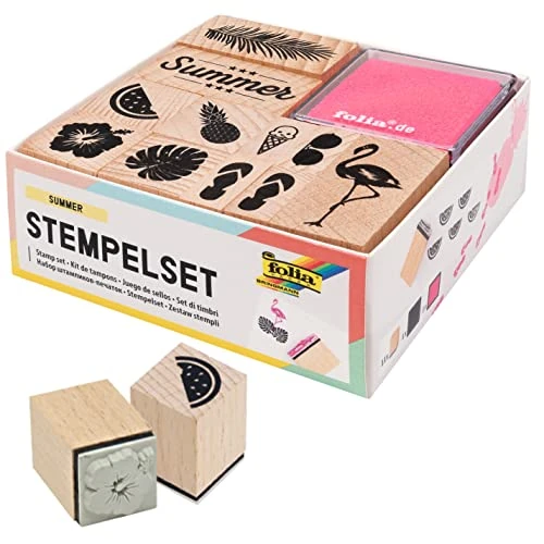Limited-time offer: folia 31101 Wooden Stamp Set Summer Including 11 Wooden Stamps and 2 Ink Pads - Ideal for Decorating Cards, Friendship Books, for Lettering and Scrapbooking from 13.82 GBP to 13.82 GBP (save 0%)